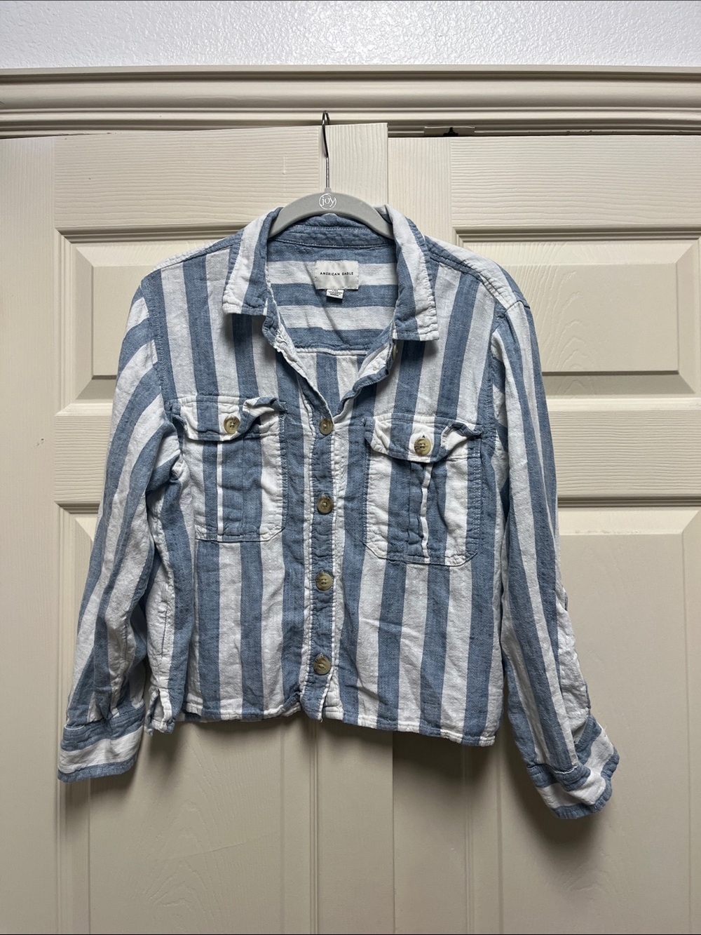 Striped Button Front Shirt Jacket - Blue & White